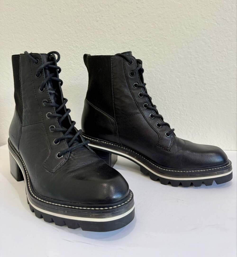 Bernardo Selena Black Leather Lace Up Combat Boots Lug Sole 9M Made in Brazil